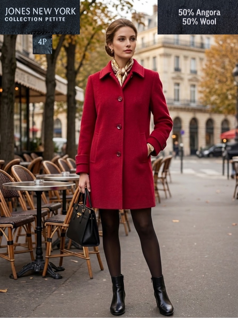 JONES NEW YORK Women's Red Wool Angora Mid Length Winter Overcoat Jacket 4P